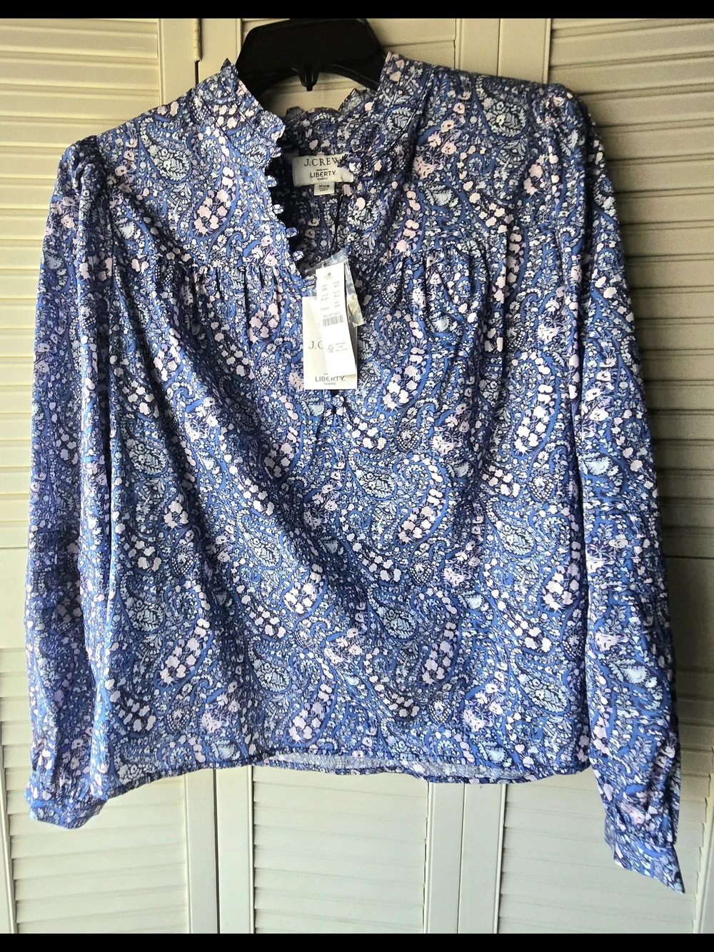 NWT J. Crew Liberty Blue Paisley Floral Button-Front Popover Blouse Cotton XXS